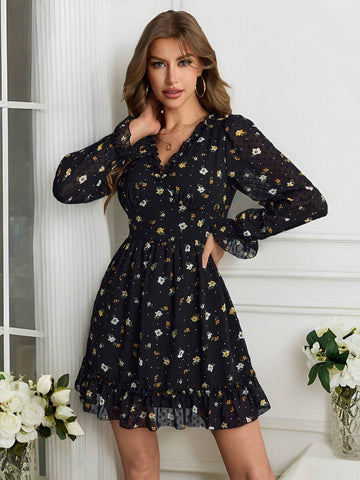 Knit Printed Long Sleeve V-Neck Mini Dress For Women