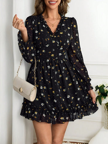 Knit Printed Long Sleeve V-Neck Mini Dress For Women