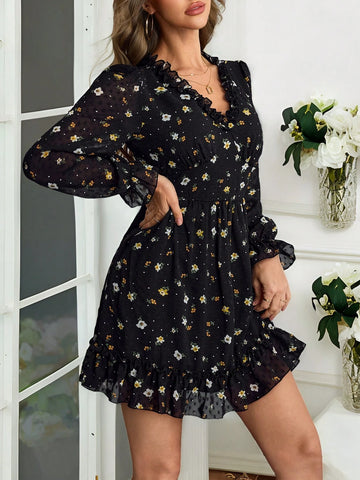 Knit Printed Long Sleeve V-Neck Mini Dress For Women