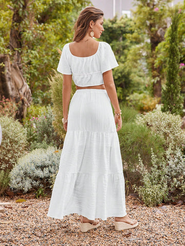 Knotted Front Bell Sleeve Crop Top And Skirt Vacation Two-Piece Set