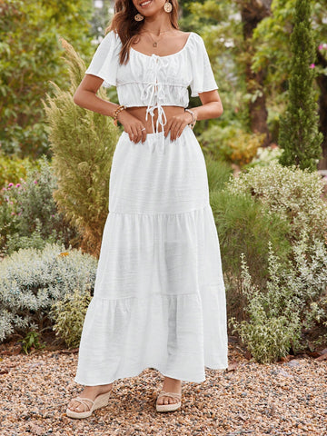 Knotted Front Bell Sleeve Crop Top And Skirt Vacation Two-Piece Set