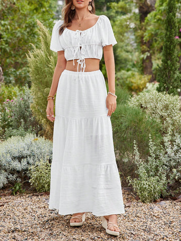 Knotted Front Bell Sleeve Crop Top And Skirt Vacation Two-Piece Set