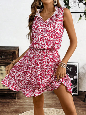 Lace-Up Neckline All-Over Allover Print Ruffle Hem Sleeveless Summer Dress