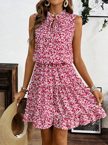 Lace-Up Neckline All-Over Allover Print Ruffle Hem Sleeveless Summer Dress