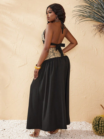 Lace Patchwork V-Neck Halter Top And Side Slit Midi Skirt