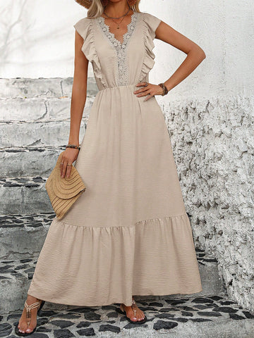 Lace Splice V-Neckline Dress With Asymmetric Hemline, Ruched At Waist And A-Line Texture Fabric