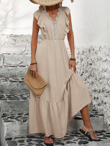 Lace Splice V-Neckline Dress With Asymmetric Hemline, Ruched At Waist And A-Line Texture Fabric