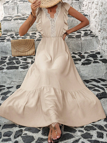 Lace Splice V-Neckline Dress With Asymmetric Hemline, Ruched At Waist And A-Line Texture Fabric
