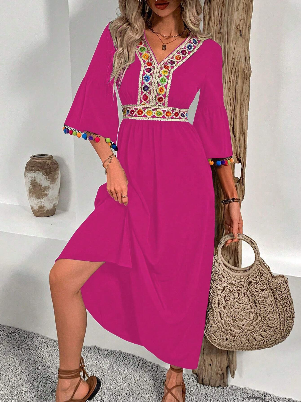 Lace Trimmed V-Neck Tassel Hem Women Dress, Randomly Cut