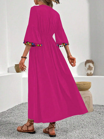 Lace Trimmed V-Neck Tassel Hem Women Dress, Randomly Cut