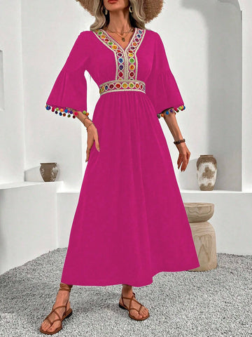 Lace Trimmed V-Neck Tassel Hem Women Dress, Randomly Cut