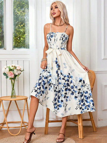 Lace Up Printed Women's Spaghetti Strap Dress
