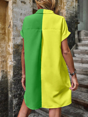 Ladies' Color Block Batwing Sleeve Casual Summer Dress With Single-Breasted Design