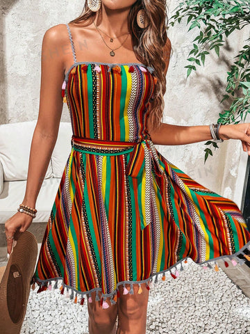 Ladies' Elegant Geometric Pattern Spaghetti Strap Dress