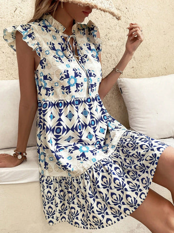 Ladies' Fashionable Cap Sleeve Printed Vacation Style Dress