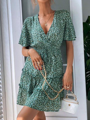 Ladies Fashionable V-Neck Lace Trim Floral Print Dress With Gathered Waist