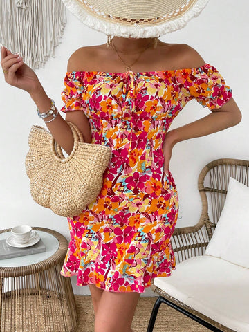 Ladies' Flower Print Off-Shoulder Short Sleeve Dress