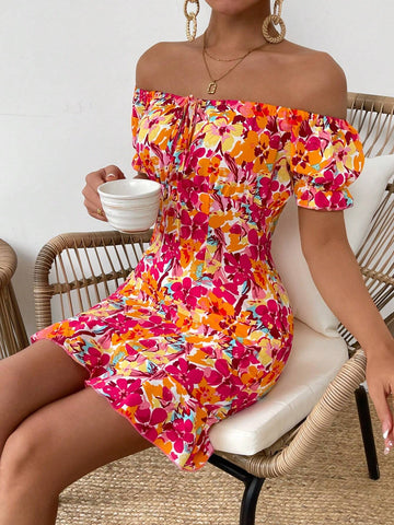 Ladies' Flower Print Off-Shoulder Short Sleeve Dress
