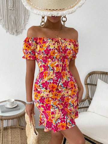 Ladies' Flower Print Off-Shoulder Short Sleeve Dress
