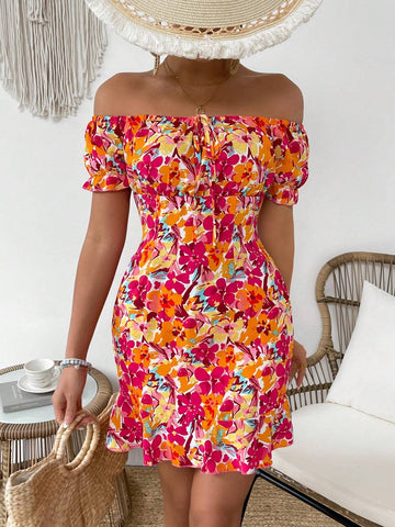 Ladies' Flower Print Off-Shoulder Short Sleeve Dress