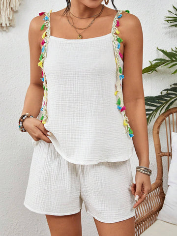 Ladies' Fringed Splicing Camisole Vest And Shorts Music Festival Two Piece Set