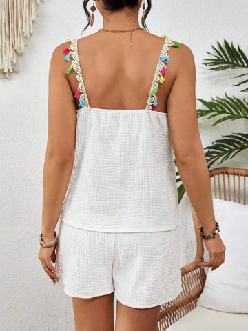 Ladies' Fringed Splicing Camisole Vest And Shorts Music Festival Two Piece Set