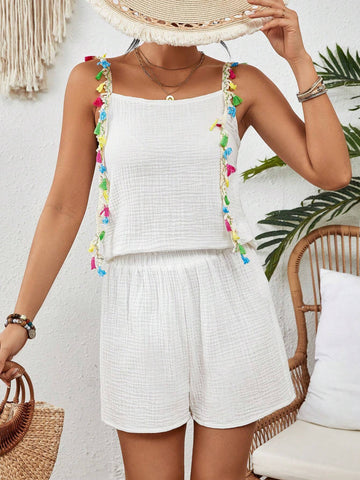 Ladies' Fringed Splicing Camisole Vest And Shorts Music Festival Two Piece Set