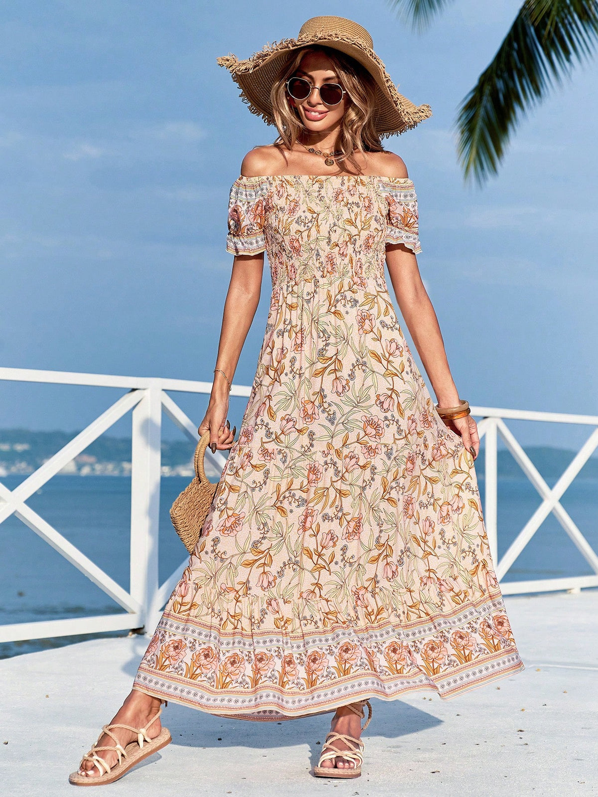 Ladies' Full Printed One Shoulder Short Sleeve Maxi Dress