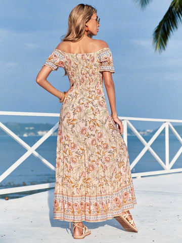 Ladies' Full Printed One Shoulder Short Sleeve Maxi Dress