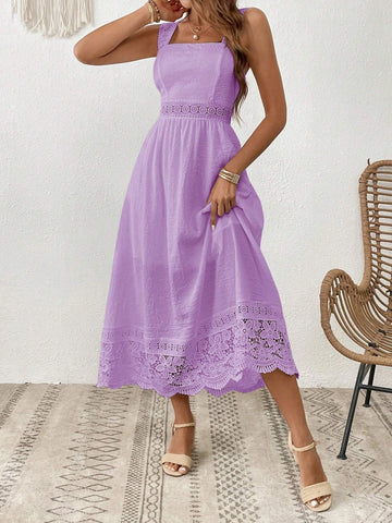 Ladies' Holiday Leisure Solid Color Lace Spliced Sleeveless Dress With Empire Waist