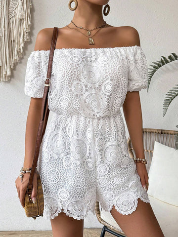Ladies" Hollow-Out Water-Soluble Embroidery Off-Shoulder Bubble Sleeve Casual Jumpsuit For Summer Holiday