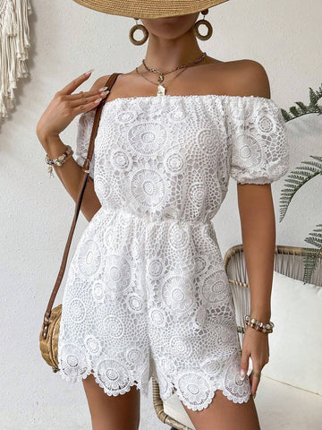 Ladies" Hollow-Out Water-Soluble Embroidery Off-Shoulder Bubble Sleeve Casual Jumpsuit For Summer Holiday