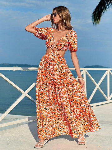 Ladies' Hollow Out Puff Sleeve Dress With Small Floral Print