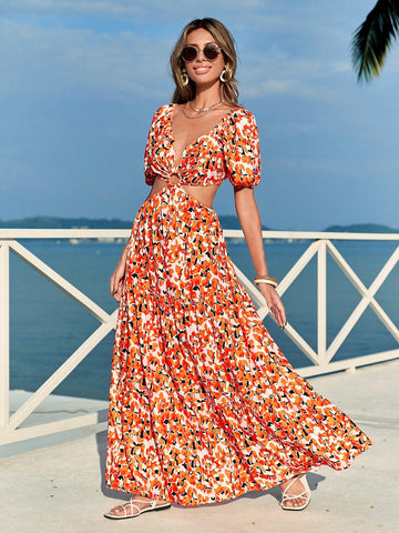 Ladies' Hollow Out Puff Sleeve Dress With Small Floral Print