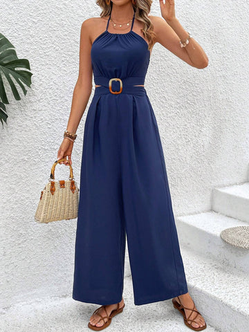 Ladies' Hollow Out Waist Halter Neck Tie Jumpsuit