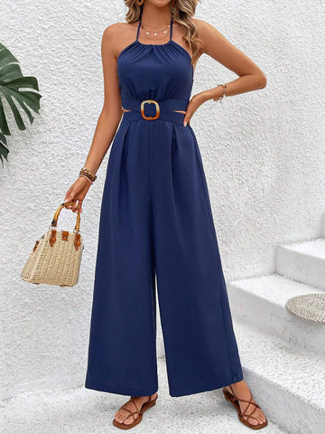 Ladies' Hollow Out Waist Halter Neck Tie Jumpsuit