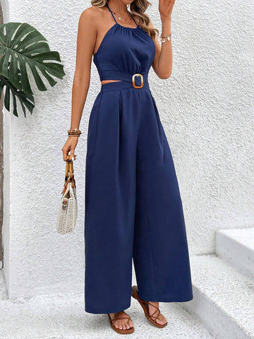 Ladies' Hollow Out Waist Halter Neck Tie Jumpsuit