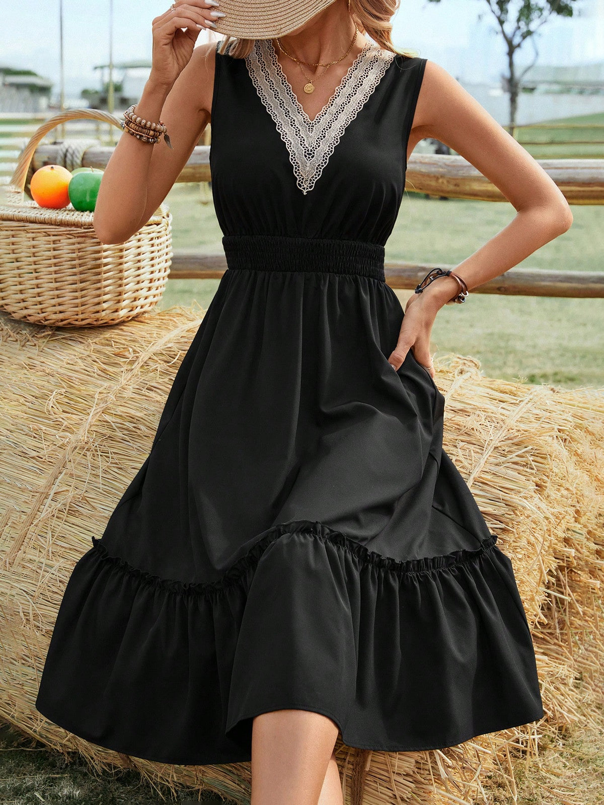 Ladies' Lace Patchwork Dress With Ruffle Hem
