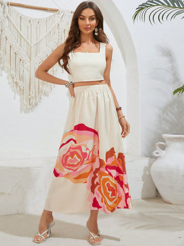 Ladies' Monochromatic Top And Flower Printed Skirt Two Piece Set