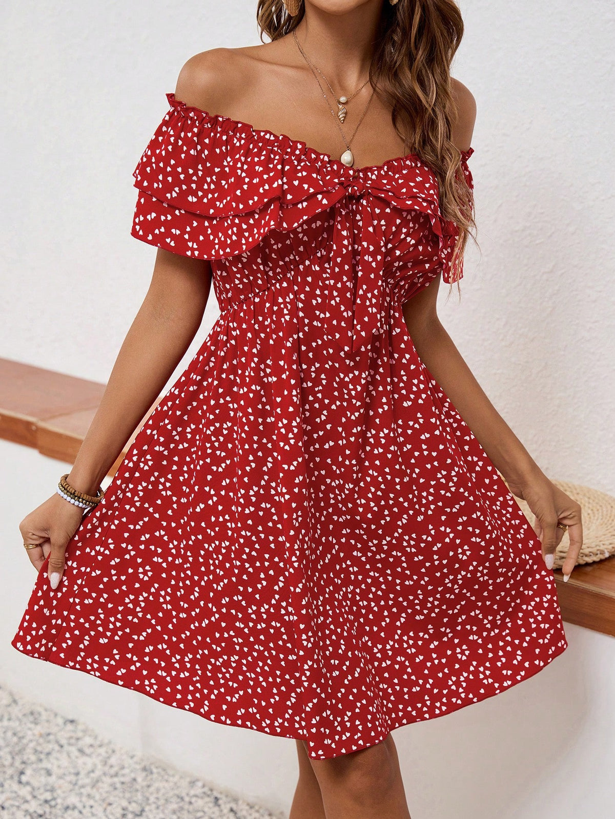 Ladies' One Shoulder Heart Print Ruffle Hem Midi Dress