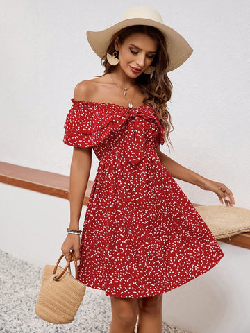 Ladies' One Shoulder Heart Print Ruffle Hem Midi Dress