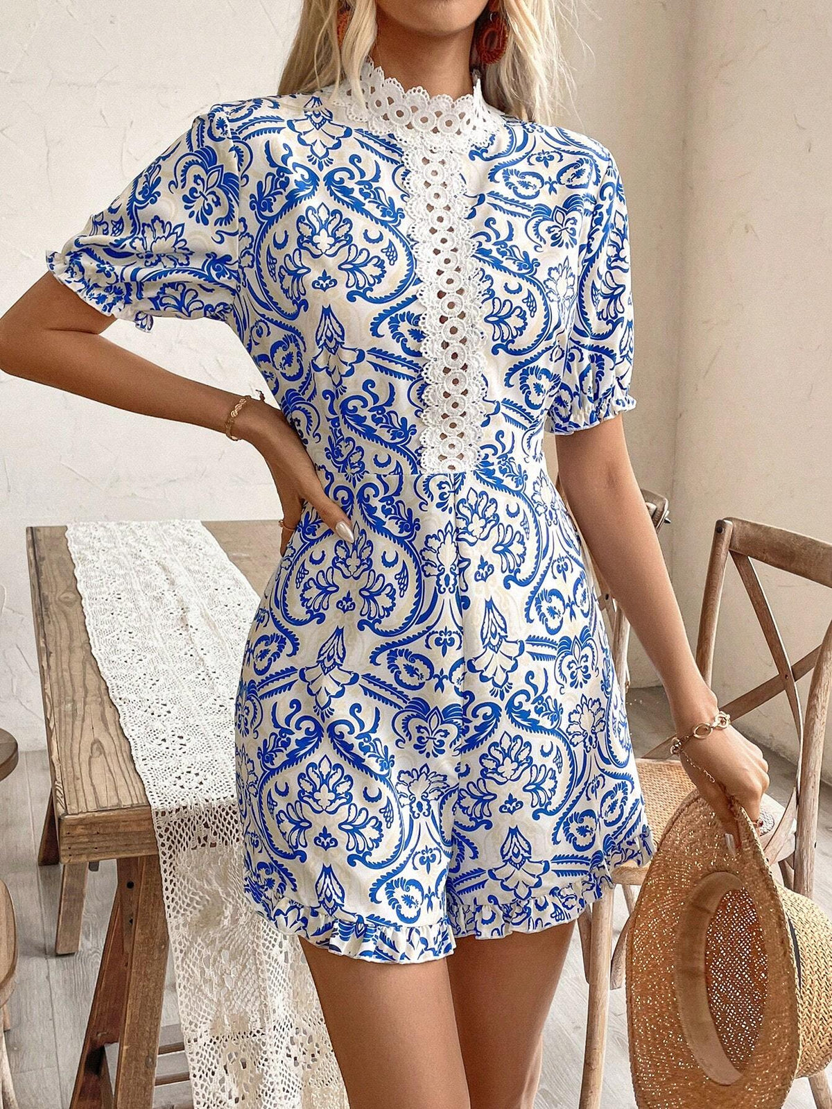 Ladies" Paisley Print Lace Patchwork Stand Collar Summer Jumpsuit