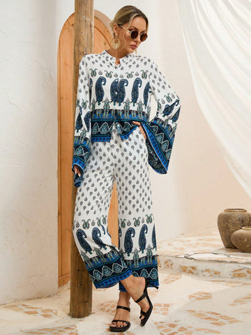 Ladies' Paisley Print Long Sleeve 2pcs/Set