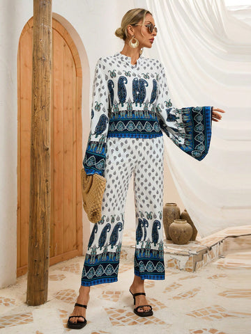 Ladies' Paisley Print Long Sleeve 2pcs/Set