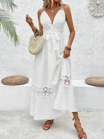 Ladies' Patchwork Lace Hem Spaghetti Strap Dress