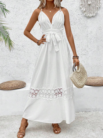 Ladies' Patchwork Lace Hem Spaghetti Strap Dress