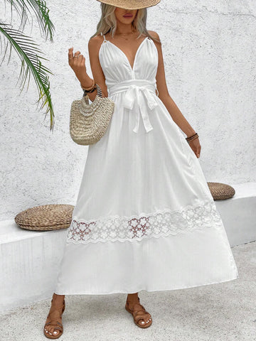 Ladies' Patchwork Lace Hem Spaghetti Strap Dress