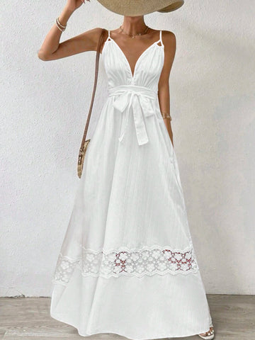 Ladies' Patchwork Lace Hem Spaghetti Strap Dress