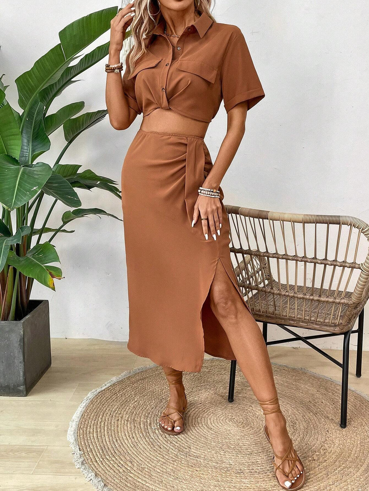 Ladies' Plain Colored Turn Down Collar Blouse And Pleated Split Skirt Two Piece Set