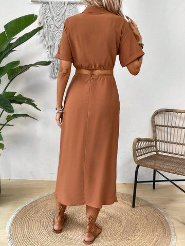 Ladies' Plain Colored Turn Down Collar Blouse And Pleated Split Skirt Two Piece Set